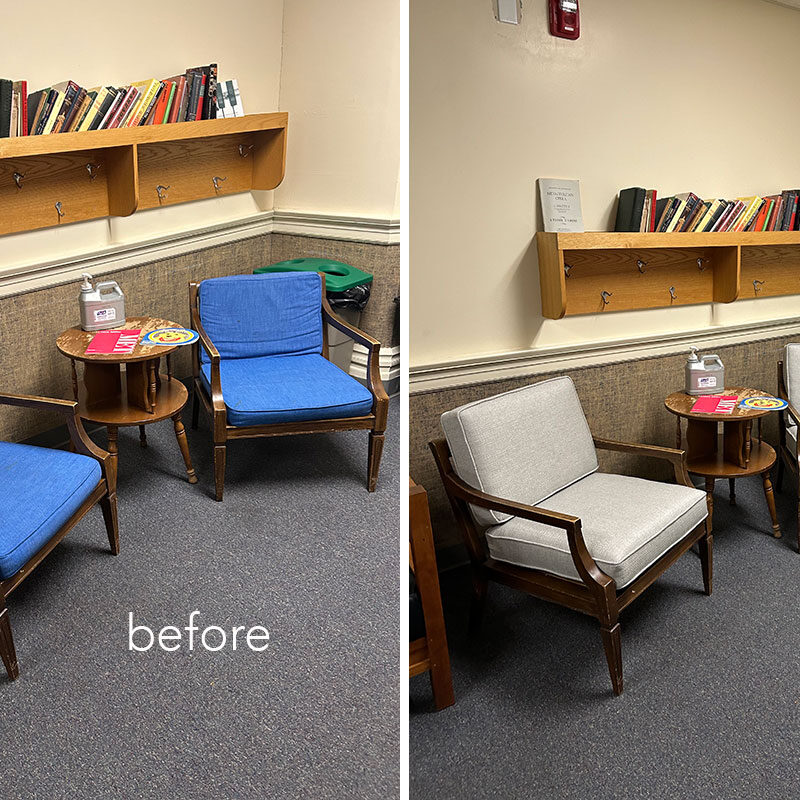 New chair cushions, from blue to newly upholstered gray