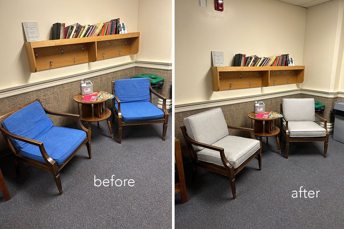 New chair cushions, from blue to newly upholstered gray